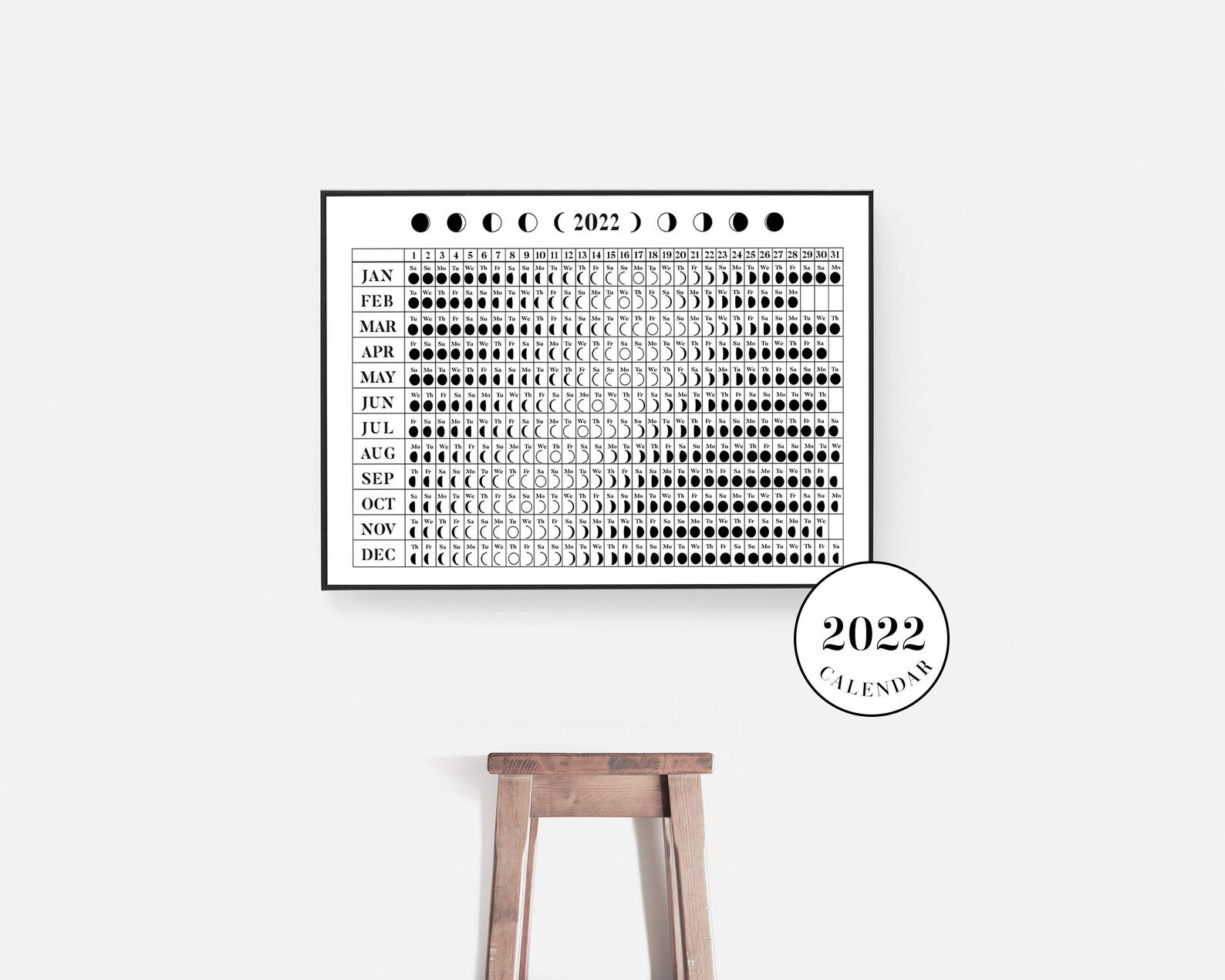 2022 Lunar Phase Wall Planner Printable Wall Calendar 2022  Calendar For 2022 With Moon Phases