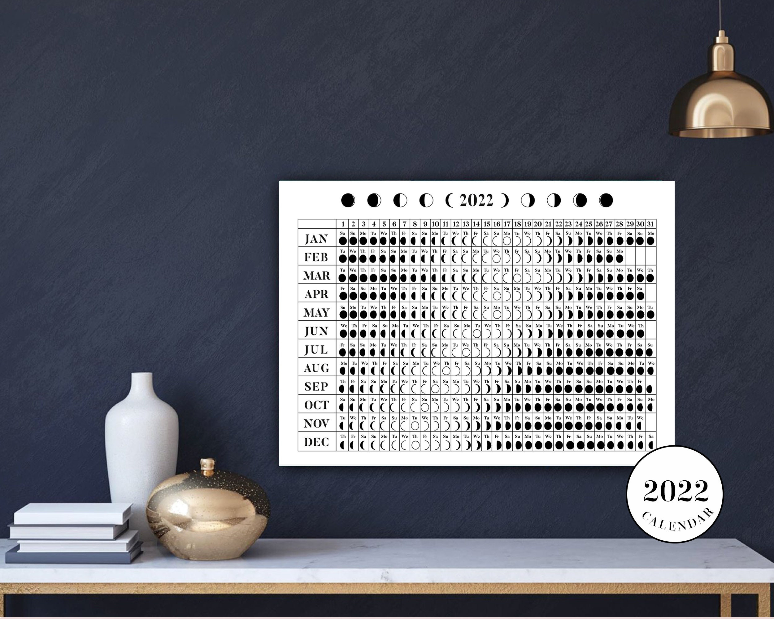 2022 Lunar Phase Wall Planner Printable Wall Calendar 2022  Full Moon Calendar 2022 Free Printable