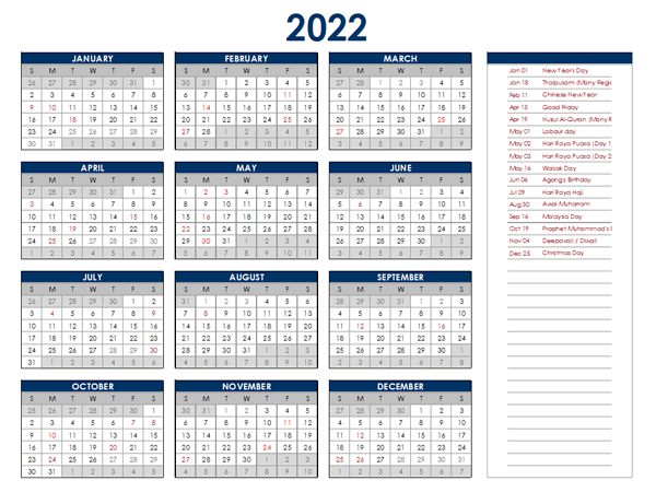 2022 Malaysia Annual Calendar With Holidays - Free Printable Templates  Free Printable 2022 And 2022 Calendar Printable