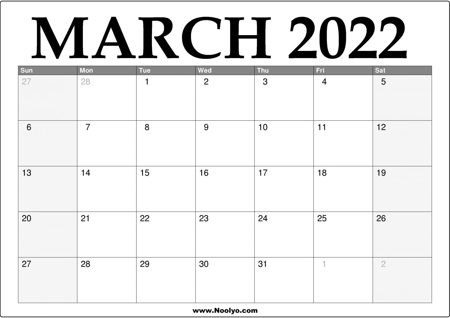 2022 March Calendar Printable - Download Free - Noolyo  March April 2022 Calendar