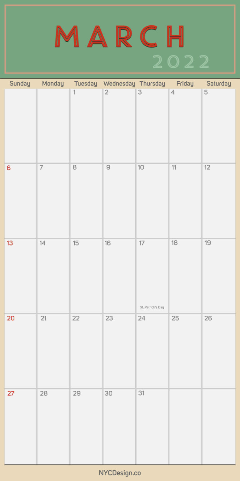 2022 March - Monthly Calendar, Planner, Printable Free  2022 Printable Calendar Vertical With Holidays