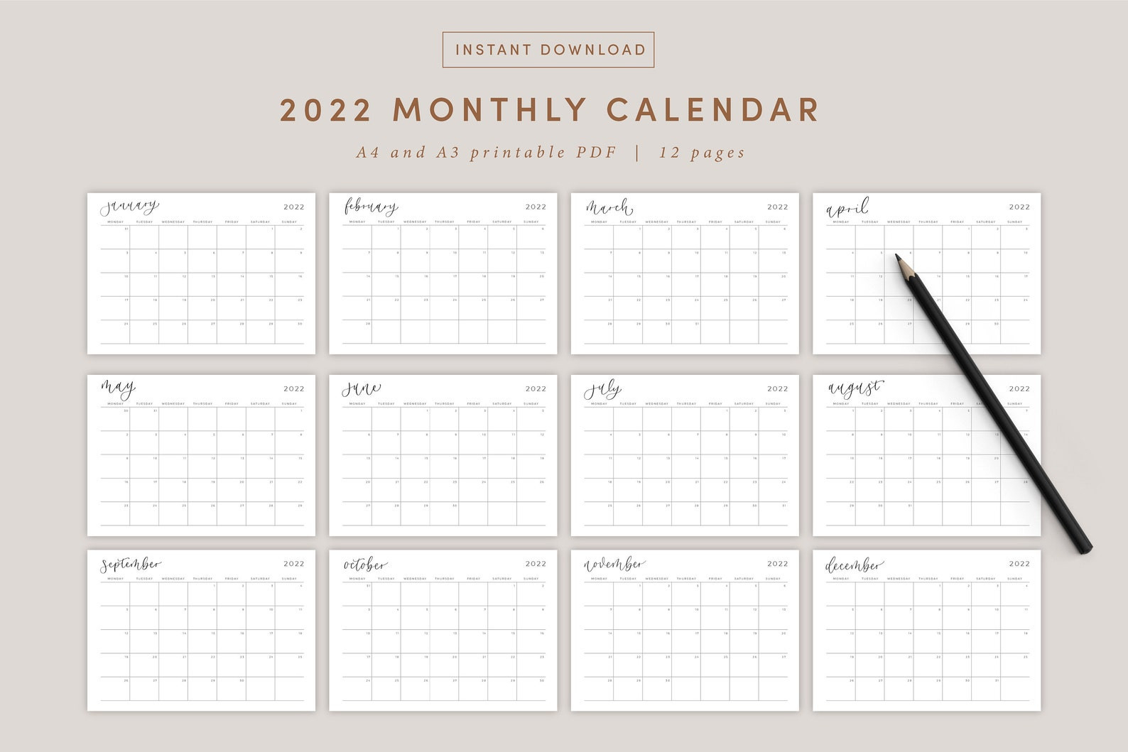 2022 Monthly Calendar Landscape A3 &amp; A4 Printable Calendar  2022 Calendar Printable Minimalist