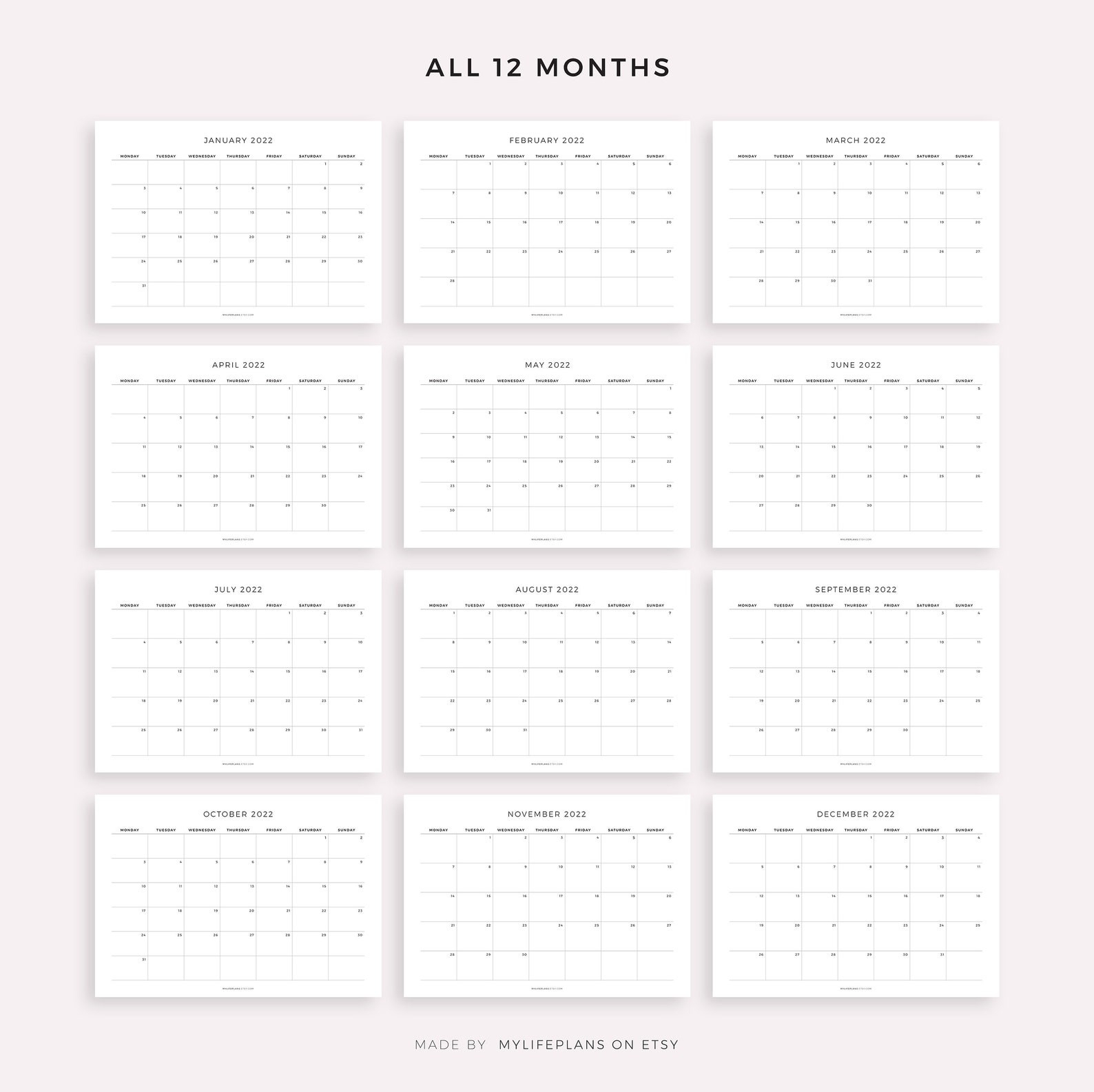 2022 Monthly Calendar Landscape Printable Calendar  2022 Calendar Printable Ireland