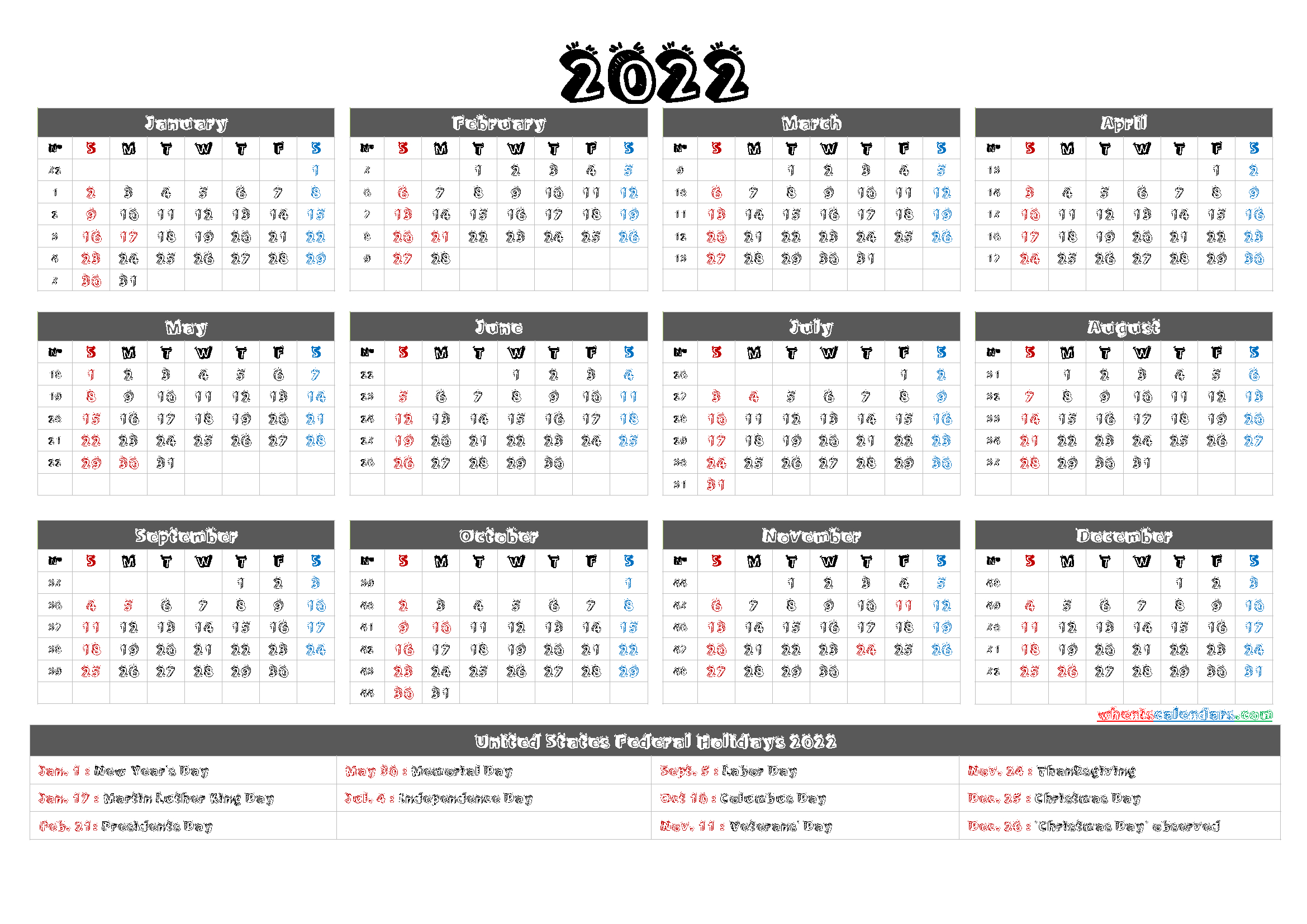2022 One Page Calendar Printable - 6 Templates | Printable  Free Printable Calendar Sheets 2022