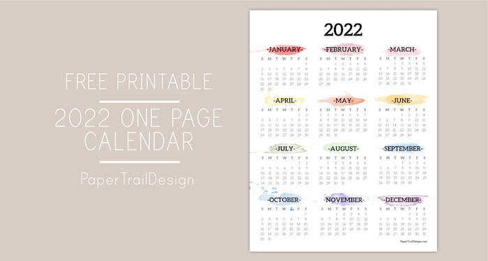 2022 One Page Calendar Printable - Watercolor | Paper  2022 Calendar Printable Pastel