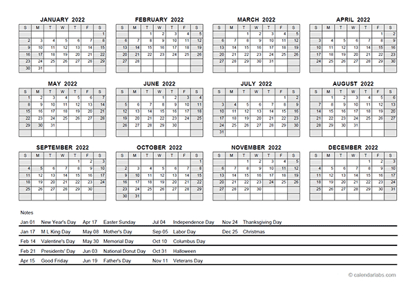 2022 Pdf Yearly Calendar With Holidays - Free Printable  Free Customizable Calendar Template 2022