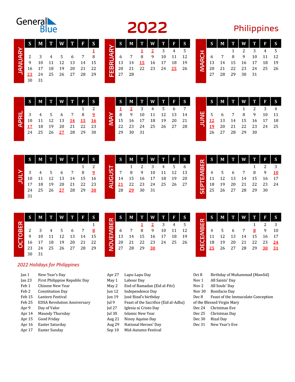 2022 Philippines Calendar With Holidays  2022 Calendar With Holidays Printable Excel