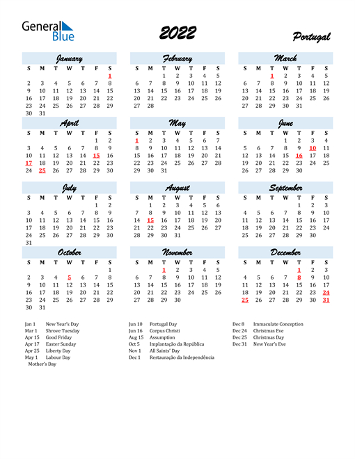 2022 Portugal Calendar With Holidays  2022 Calendar With Holidays Printable Excel