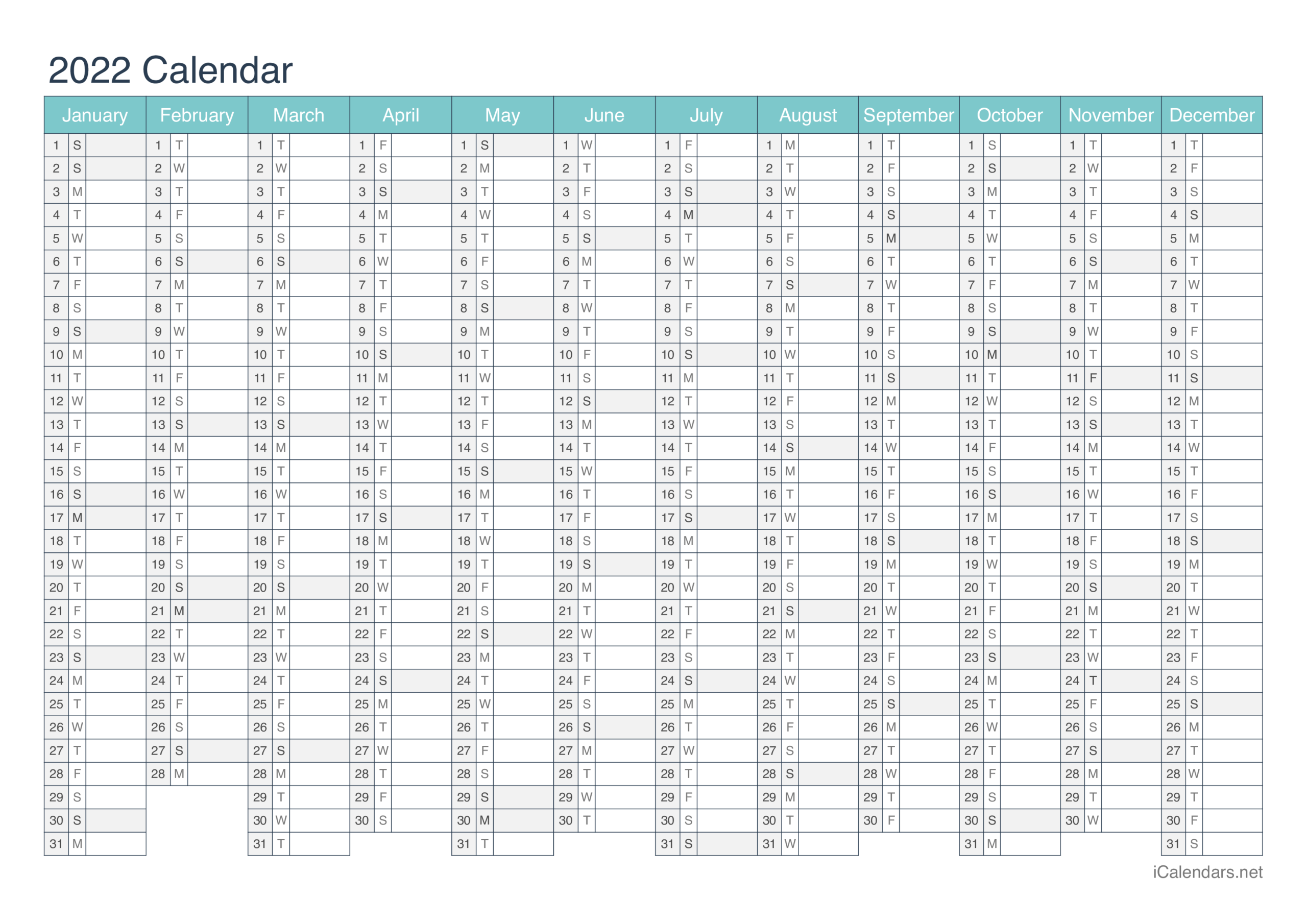 2022 Printable Calendar - Pdf Or Excel - Icalendars  Printable Calendar 2022 In Excel