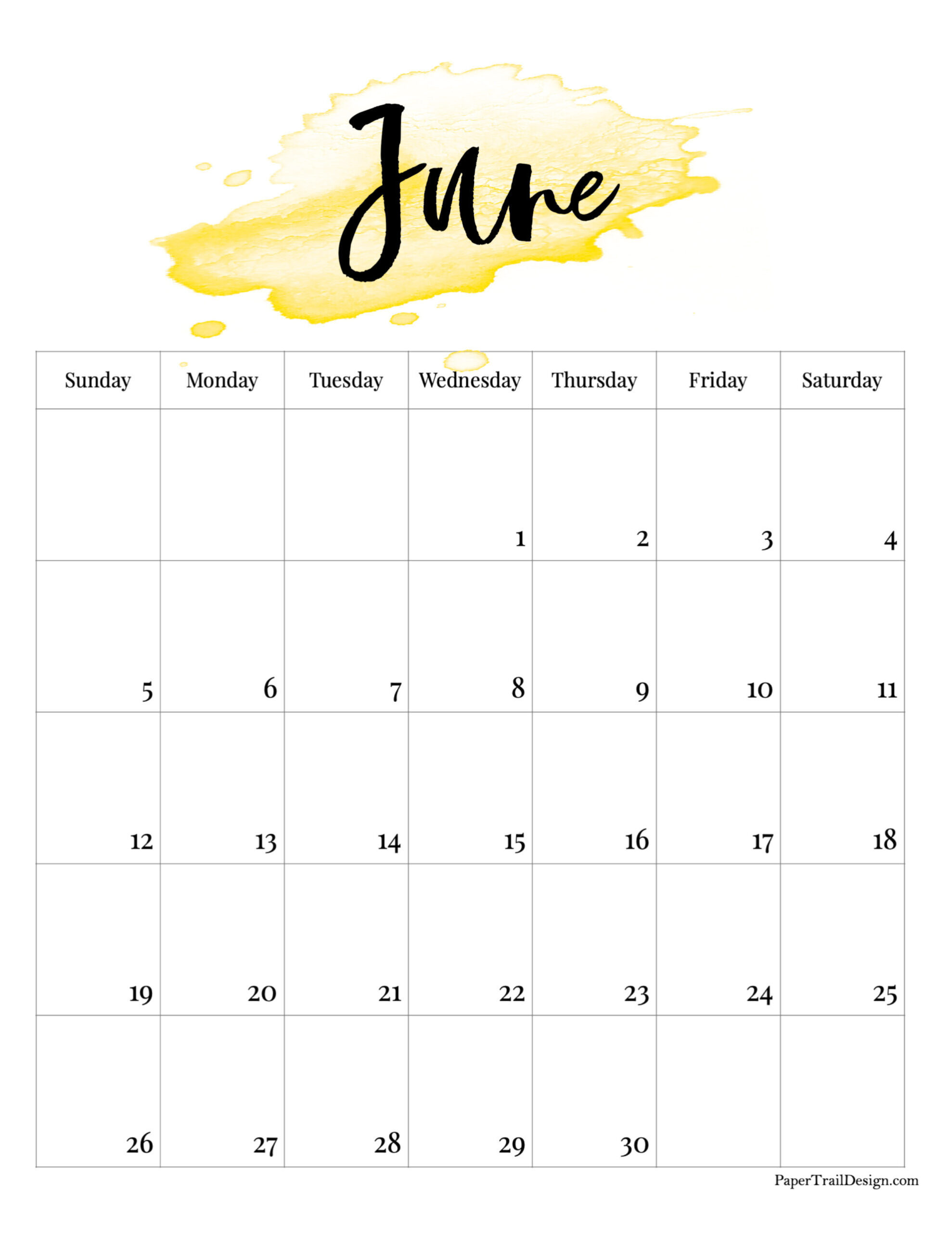 2022 Printable Calendar - Watercolor | Paper Trail Design  June Printable Calendar 2022
