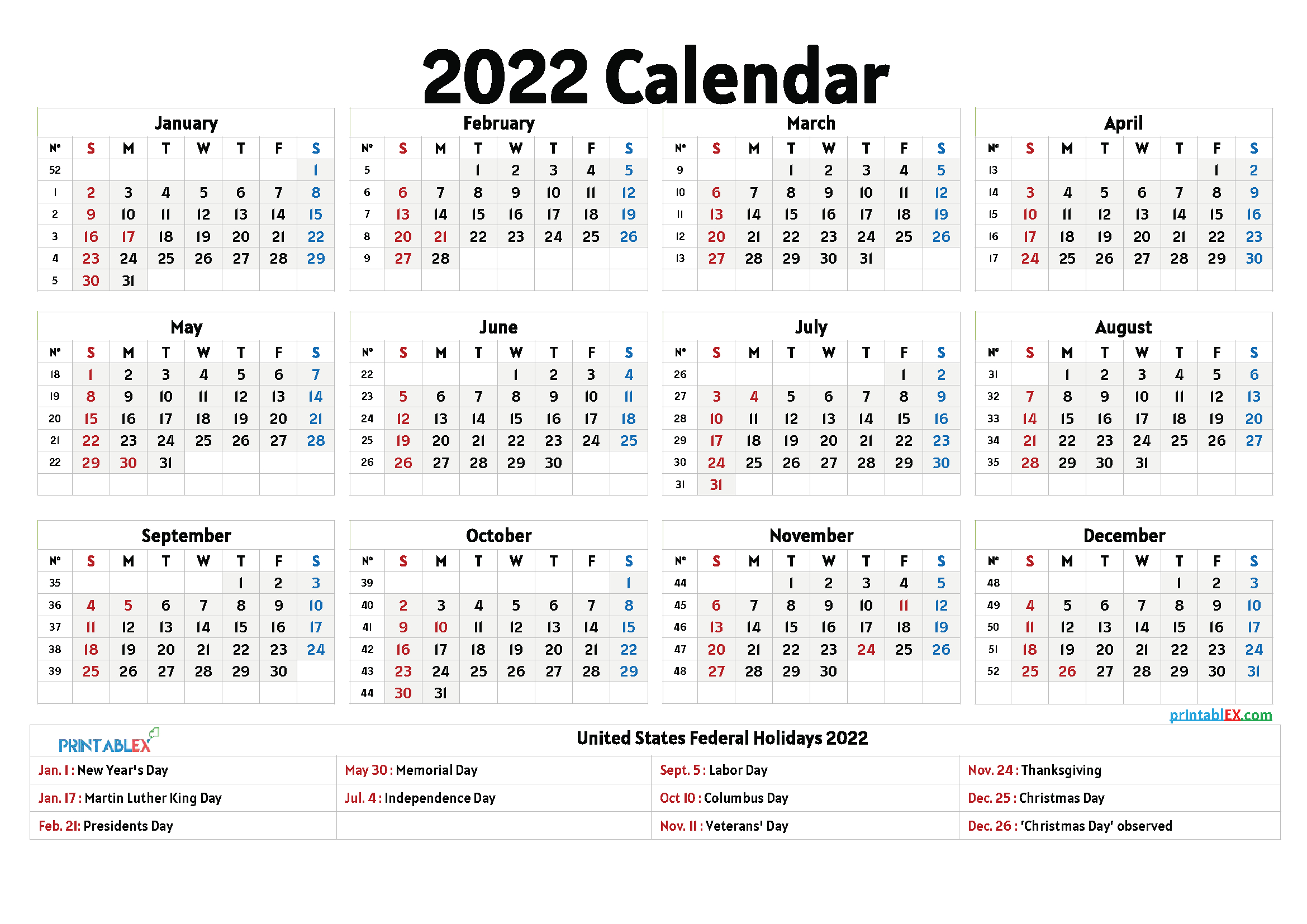 2022 Printable Calendar With Holidays | Free Letter Templates  Free Printable Calendar Net 2022