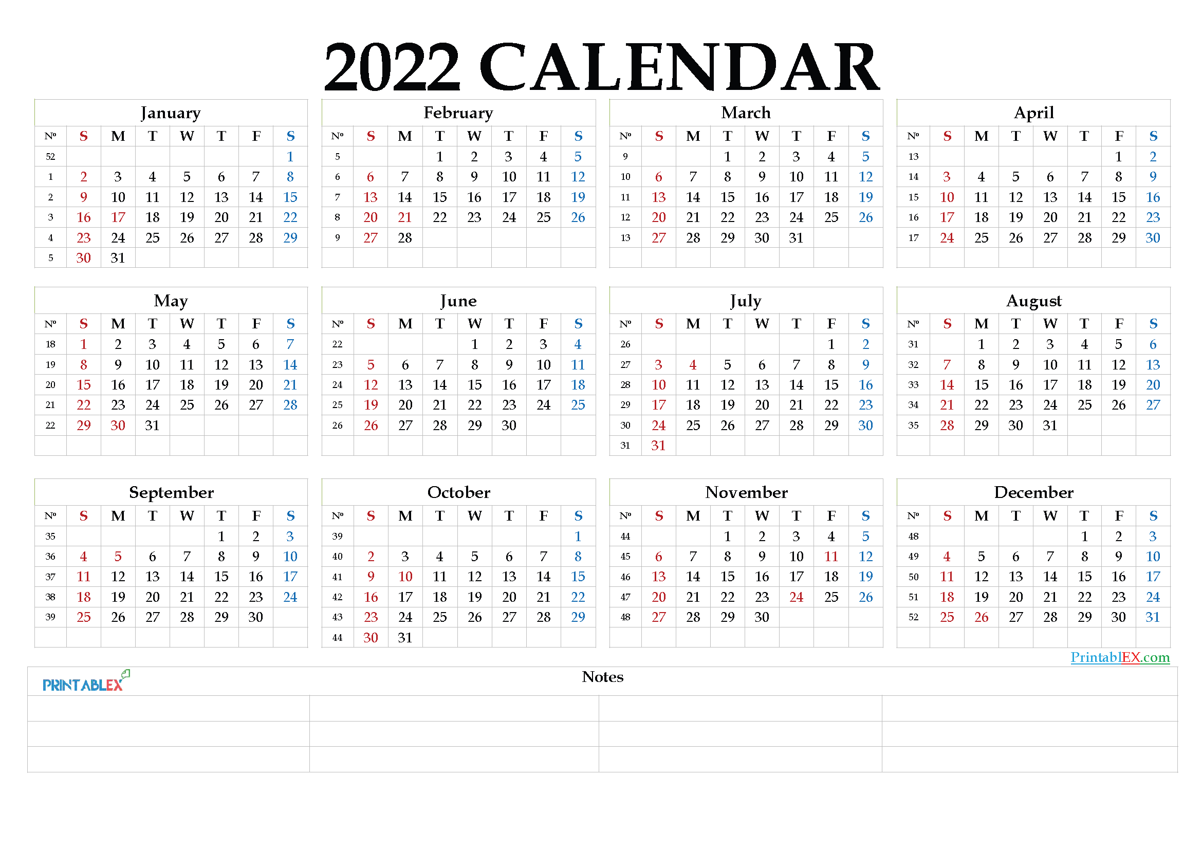 2022 Printable Yearly Calendar With Week Numbers - 22Ytw178  Week Calendar For 2022