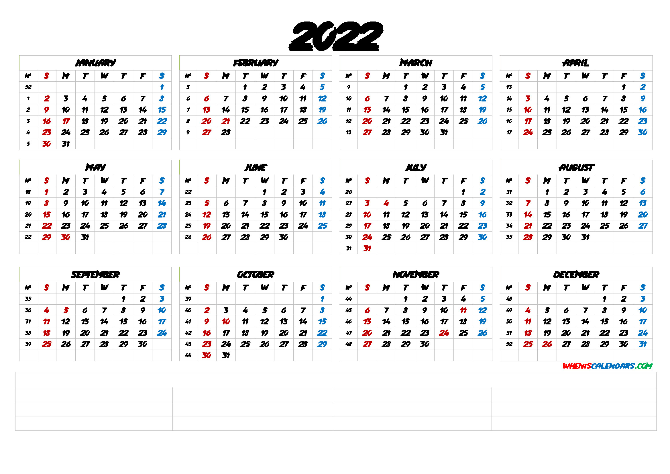 2022 Printable Yearly Calendar With Week Numbers  Calendar For 2022 With Week Numbers