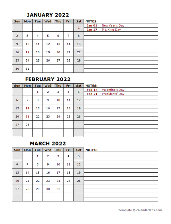 2022 Quarterly Calendar With Holidays - Free Printable  Printable Calendar 2022 Calendarlabs
