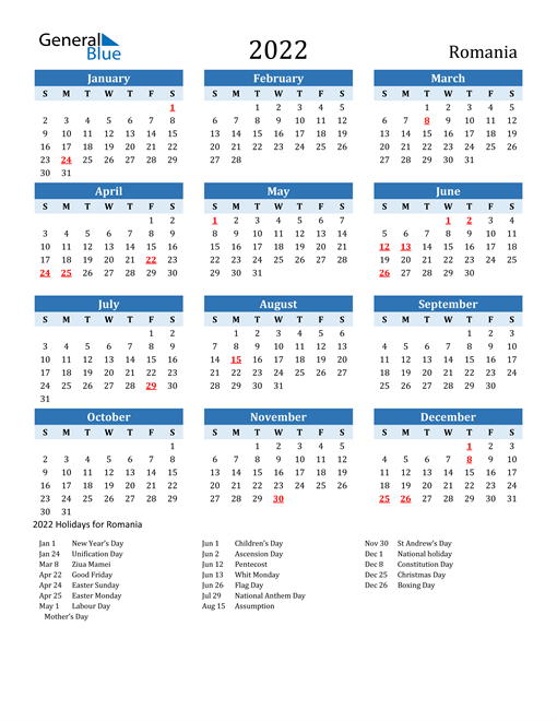2022 Romania Calendar With Holidays  Printable Calendar 2022 Singapore