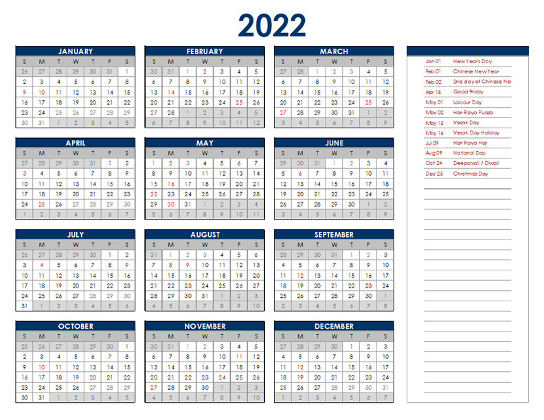 2022 Singapore Annual Calendar With Holidays - Free  2022 Calendar Printable Hong Kong