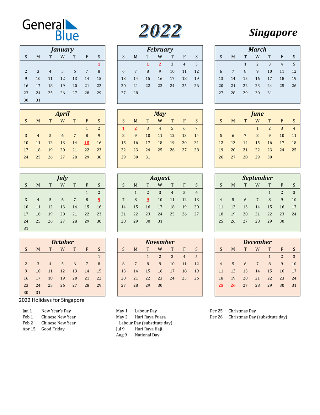 2022 Singapore Calendar With Holidays  2022 Calendar Printable Monday Start