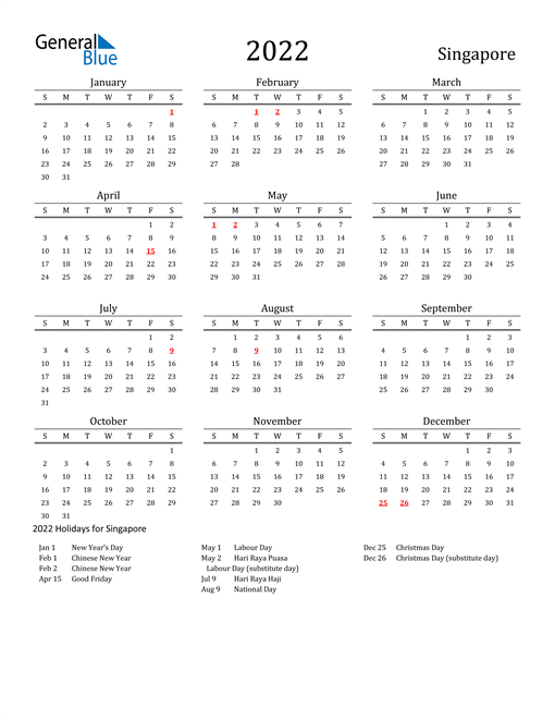 2022 Singapore Calendar With Holidays  2022 Calendar With Holidays Printable Excel