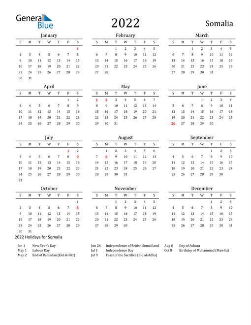 2022 Somalia Calendar With Holidays  Printable Calendar 2022 Word