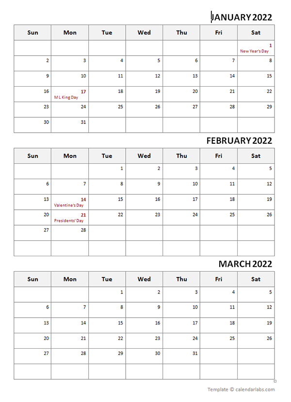 2022 Three Month Calendar Template - Free Printable Templates  2022 Printable Calendar By Month