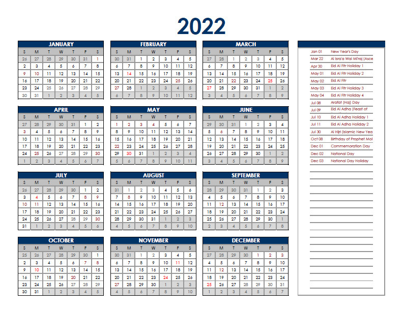 2022 Uae Annual Calendar With Holidays - Free Printable  Printable Calendar 2022 Hong Kong