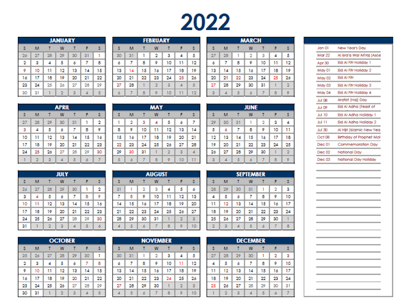 2022 Uae Annual Calendar With Holidays - Free Printable  Printable Calendar 2022 In Excel