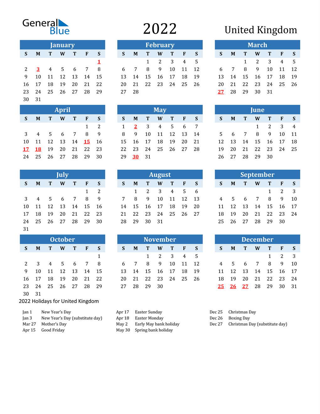 2022 United Kingdom Calendar With Holidays  Free Printable 2022 Calendar With Holidays
