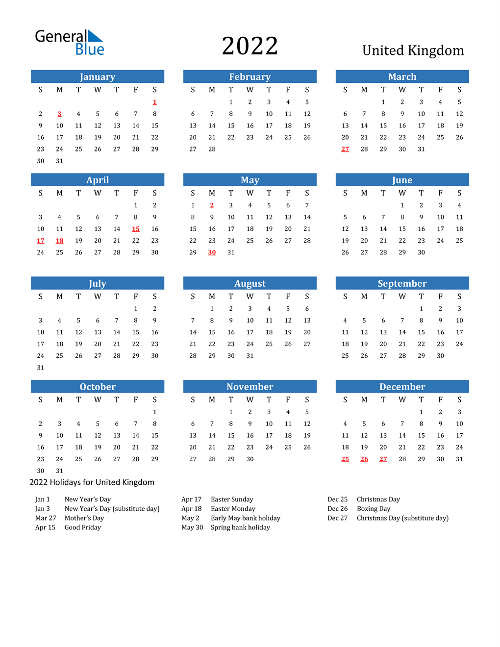 2022 United Kingdom Calendar With Holidays  Free Printable Calendar 2022 Starting Monday
