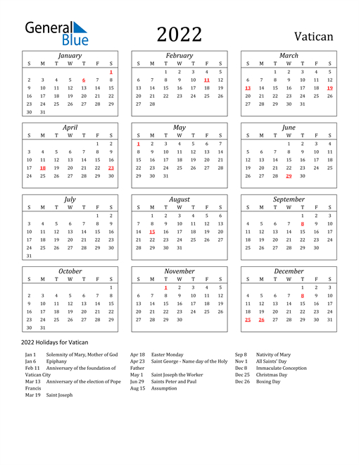 2022 Vatican Calendar With Holidays  2022 Printable Calendar One Page With Holidays Us