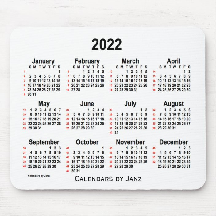 2022 White 52 Weeks Calendarjanz Mouse Pad | Zazzle.au  Calendar 2022 Custom