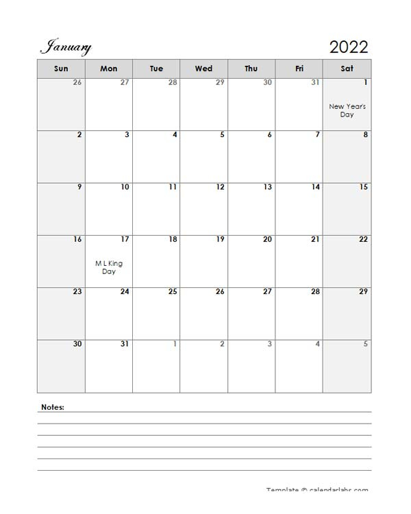 2022 Word Calendar Template With Notes - Free Printable  Free Printable Calendar 2022 With Notes
