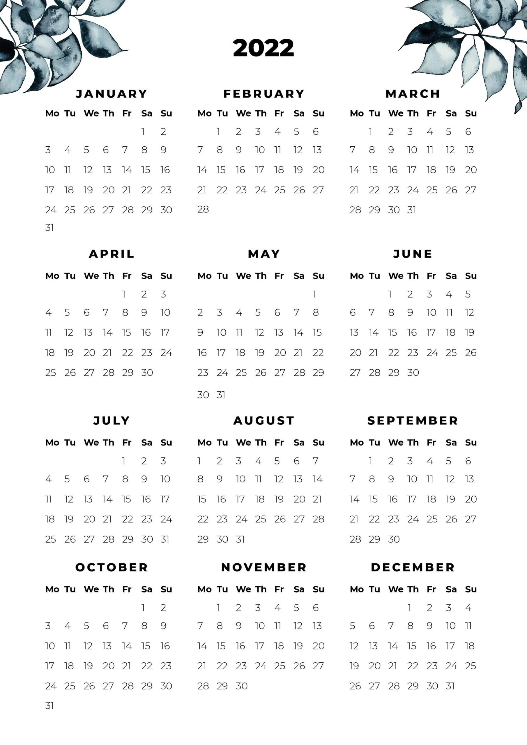 2022 Year At A Glance Calendar Printable One Page 12 Month  Printable Calendar 2022 Single Page