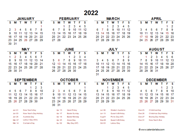 2022 Year At A Glance Calendar With Australia Holidays  Free Printable Calendar 2022 Year At A Glance