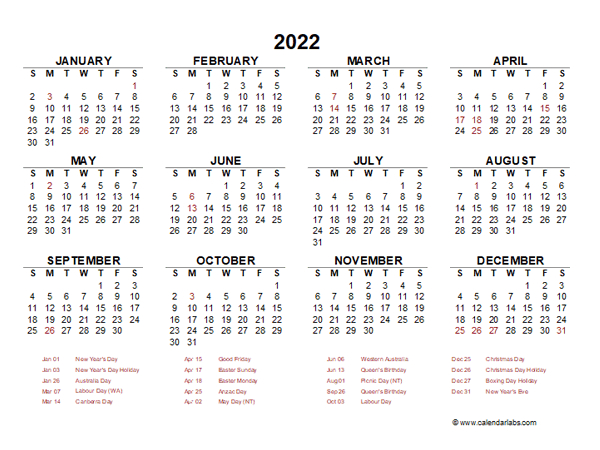 2022 Year At A Glance Calendar With Australia Holidays - Free Printable Templates  Free Printable 2022 And 2022 Calendar Printable