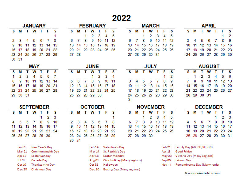 2022 Year At A Glance Calendar With Canada Holidays - Free  Free Printable 2022 Calendar Canada Printable With Holidays