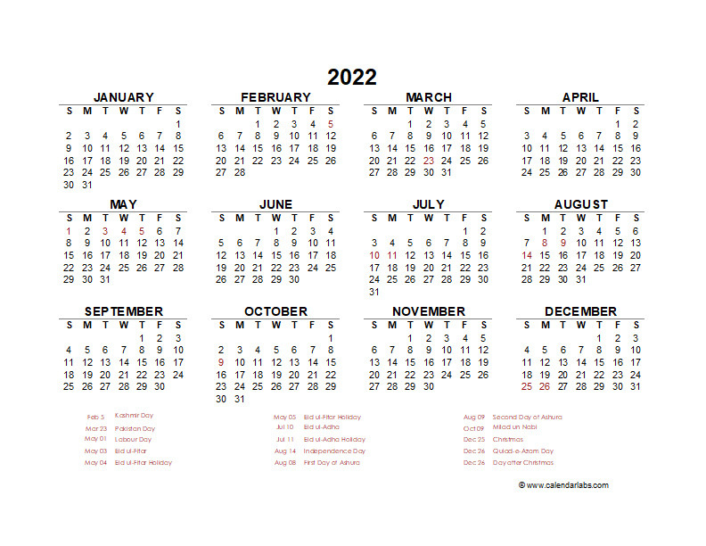 2022 Year At A Glance Calendar With Pakistan Holidays  2022 Calendar Printable Hong Kong