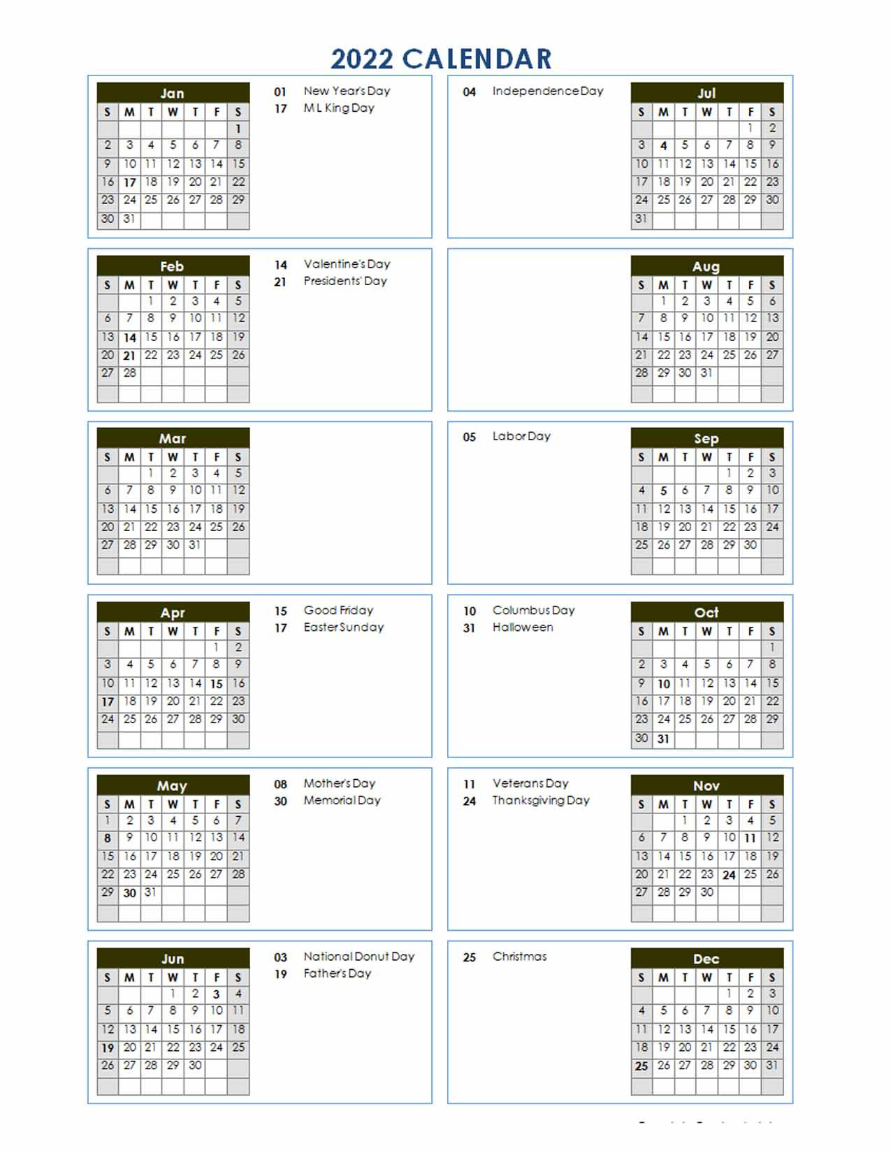 2022 Year At A Glance Word Calendar Template - Free  2022 Calendar Printable Hong Kong
