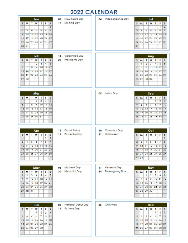 2022 Year At A Glance Word Calendar Template - Free  Free Printable 2022 Calendar With Holidays Pdf