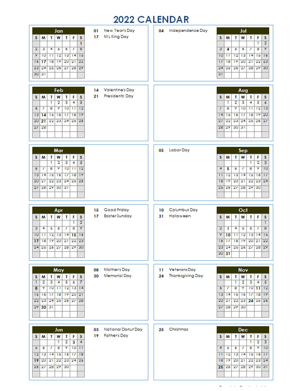 2022 Year At A Glance Word Calendar Template - Free  Printable Calendar 2022 Blank