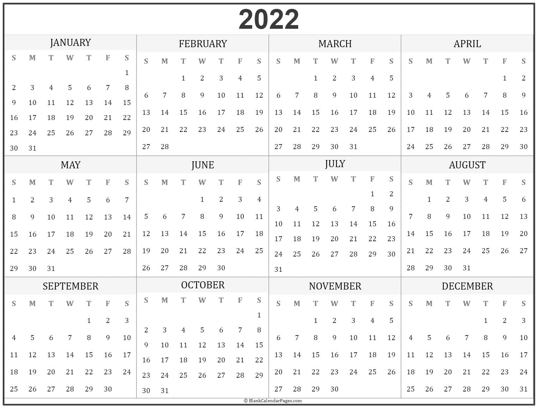 2022 Year Calendar | Yearly Printable  Free Calendar 2022 Template Ai