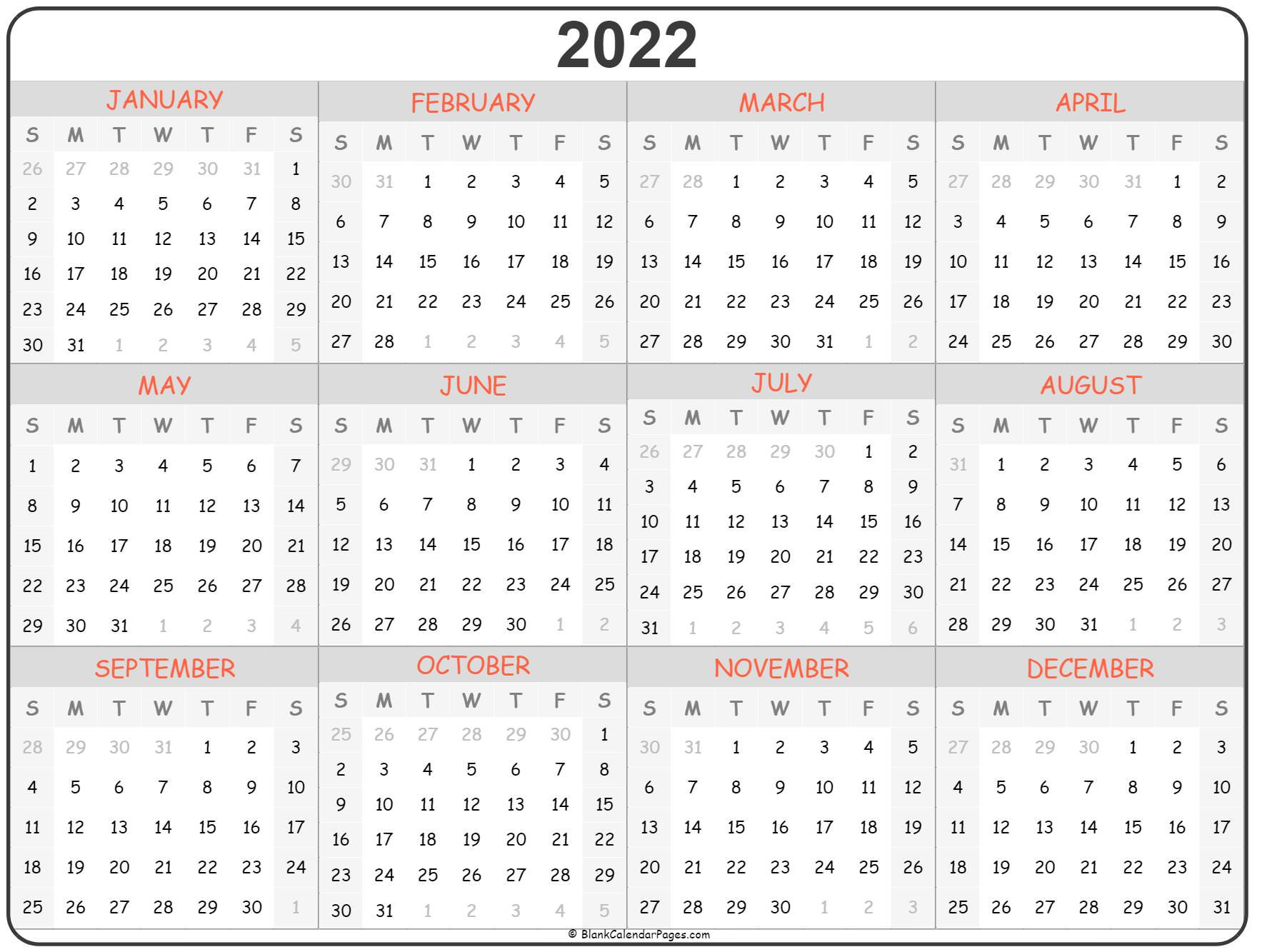 2022 Year Calendar | Yearly Printable  Free Calendar Template 2022 Zoom