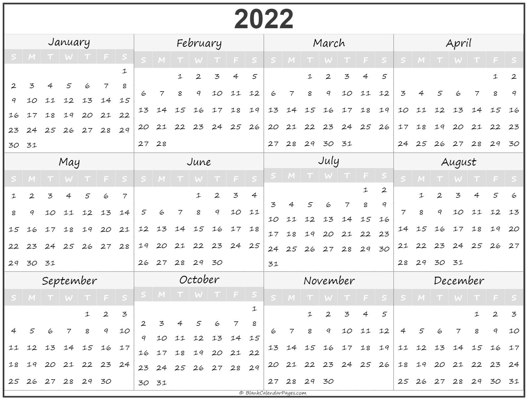 2022 Year Calendar | Yearly Printable  Printable Calendar 2022 Single Page