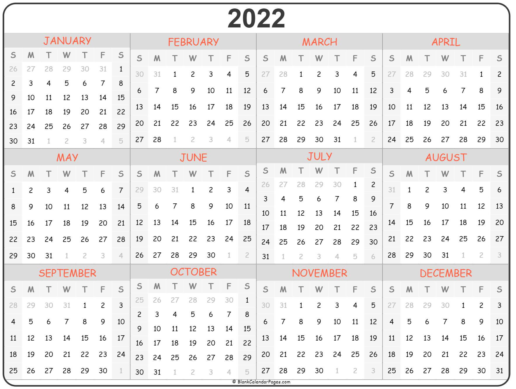 2022 Year Calendar | Yearly Printable  Printable Calendar 2022 Single Page