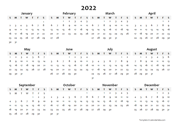 2022 Yearly Blank Calendar Template - Free Printable Templates  Free Customizable Calendar Template 2022