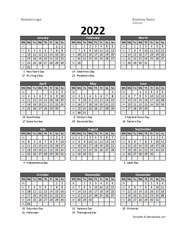 2022 Yearly Business Calendar With Week Number - Free  2022 Julian Calendar With Holidays