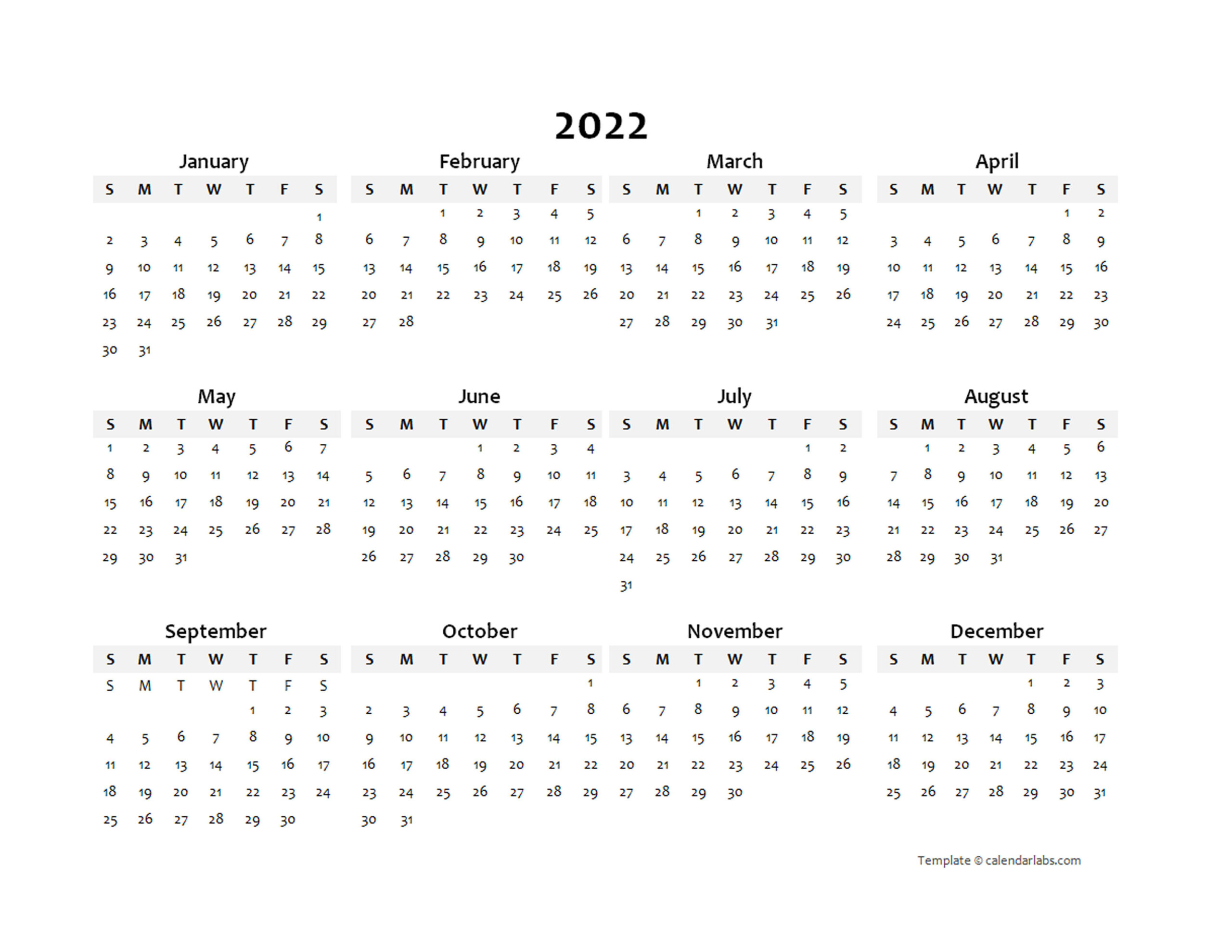 2022 Yearly Calendar Printable | Free Letter Templates  2022 Yearly Free Printable 2022 Calendar On One Page