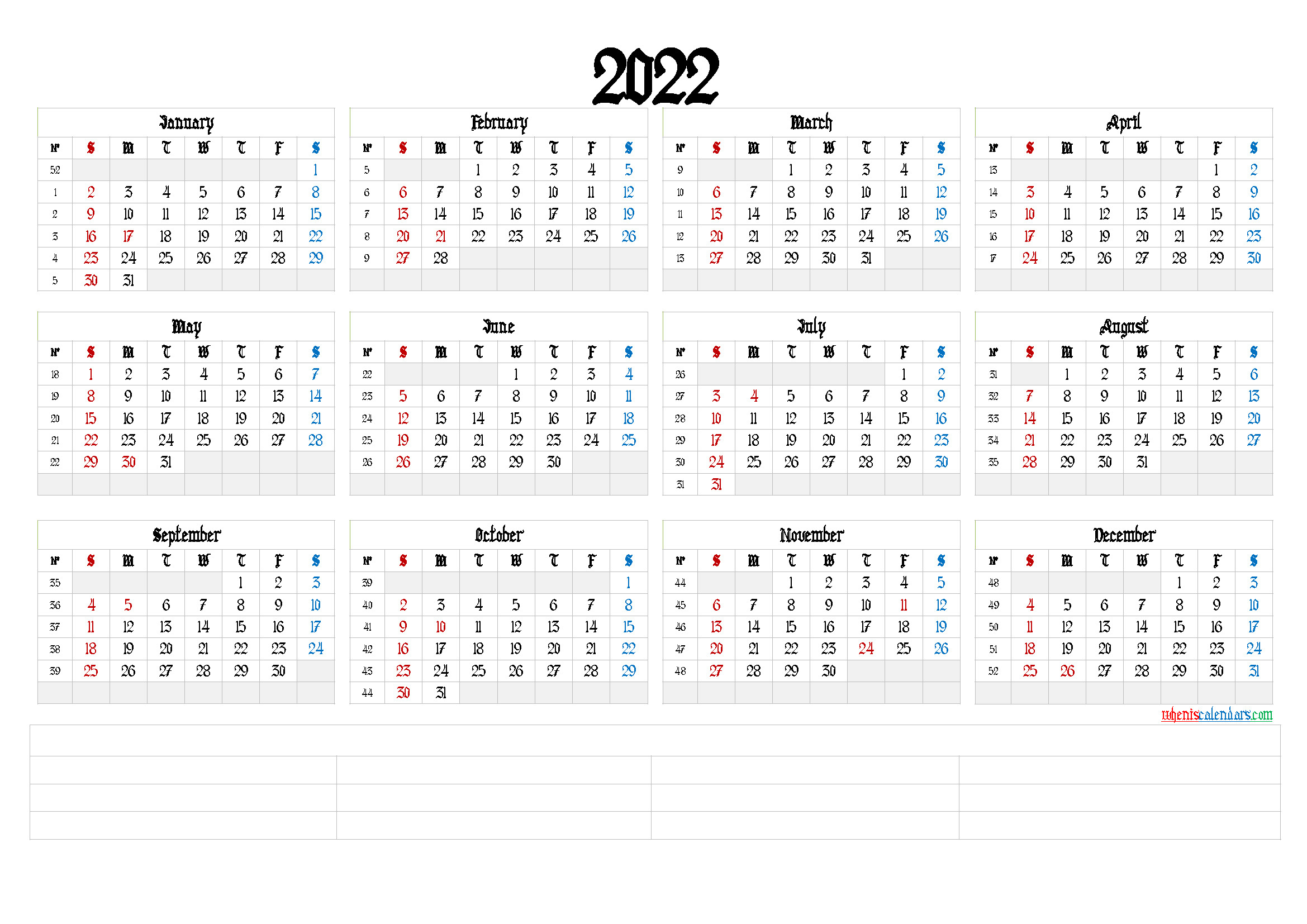 2022 Yearly Calendar Printable Landscape | Printable  Calendar For 2022 Year