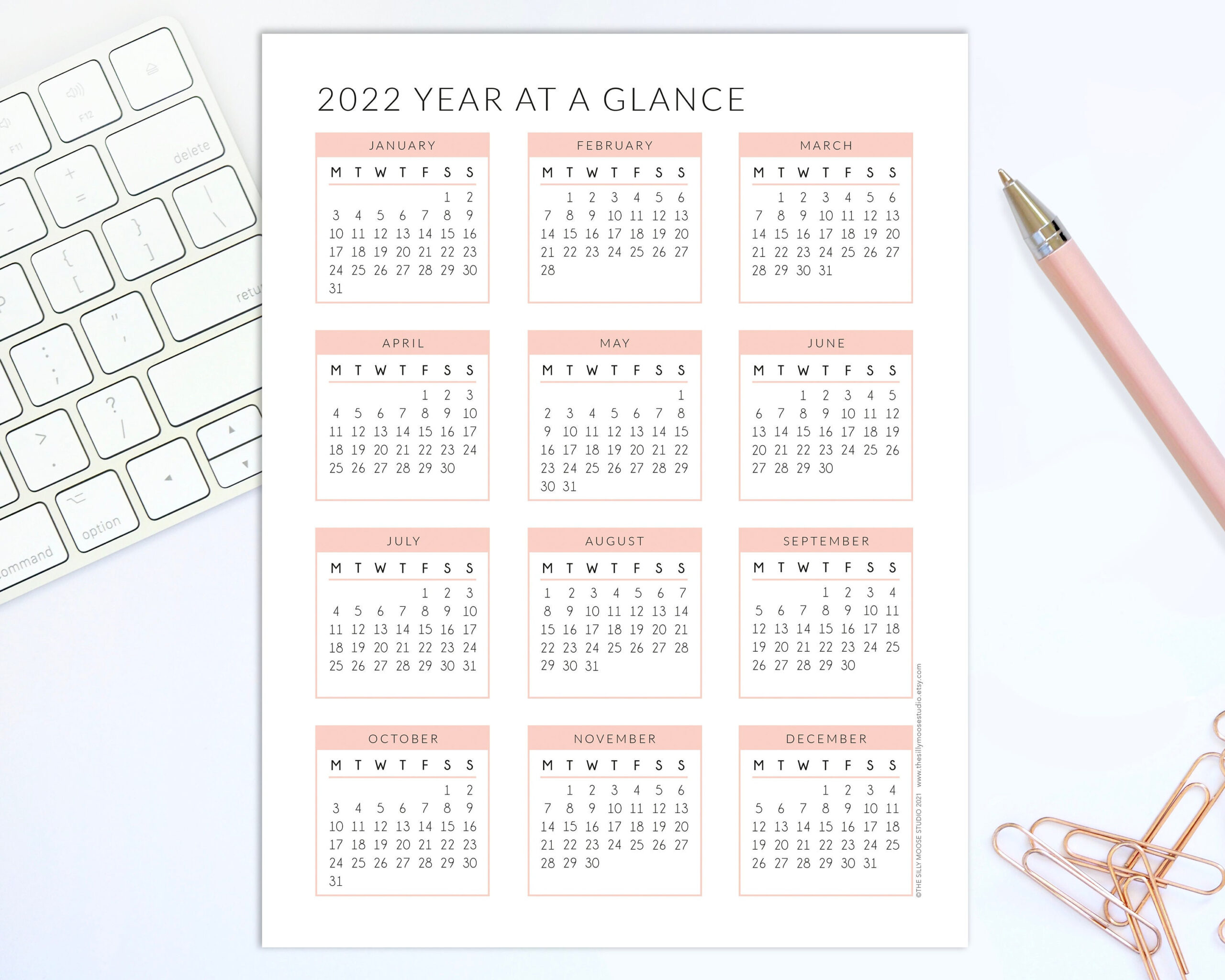 2022 Yearly Calendar Printable Monday Start Year At A | Etsy  2022 Calendar Printable Start Monday