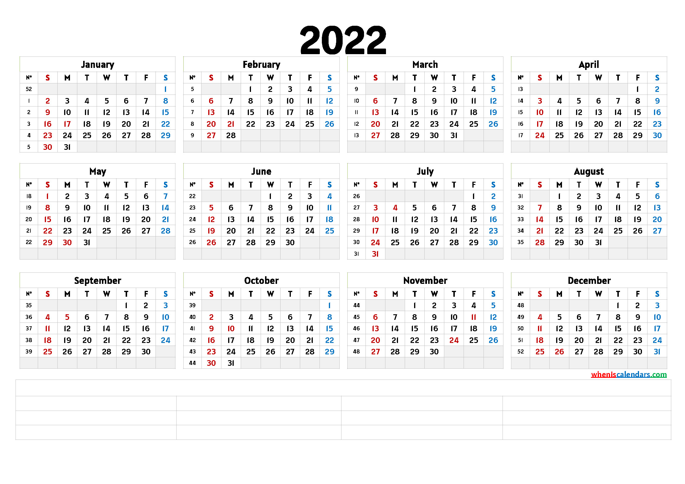 2022 Yearly Calendar Printable Word Template - Resume  Printable Calendar 2022 Word