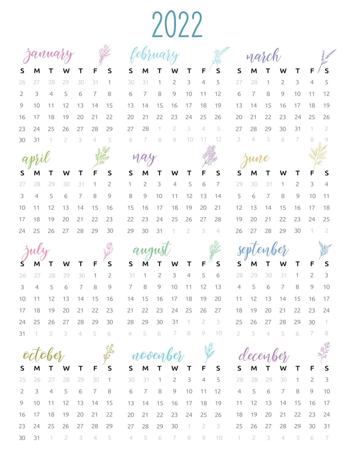 2022 Yearly Calendar Printable - World Of Printables  Free Printable Calendar 2022.Com